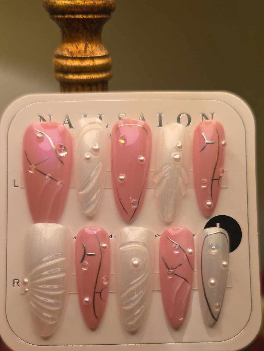 Pink and White Pearl Accent Women’s Press-On Nails Size Large